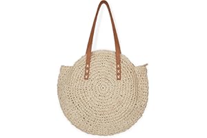 Woodland Leathers Women's Straw Shoulder Bag, Medium & Large Summer Beach Tote with Zipper, Durable Leather Handles, Women Holiday Shoulder Bag with Versatile Styles and Colours