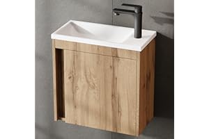 Planetmöbel Juego de muebles de baño de 2 piezas, lavabo con armario inferior, 50 x 48,3 x 24,8 cm, roble Wotan, armario bajo lavabo, color blanco