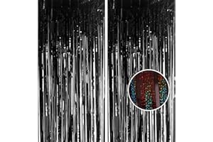 YAAVAAW Lot de 2 rideaux à franges en aluminium noir pailleté - 1 x 2,5 m - Serpentins de fête - Décorations de fête pour anniversaire, remise de diplôme scolaire, enterrement de vie de jeune fille
