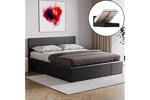 Vida Designs Lisbon Double Bed, 4Ft6 Ottoman Bed Frame Upholstered Faux Leather Headboard Low Foot End Bedroom Furniture, Black (UKFR Certified)