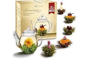 Creano Miscela di Té Fiorito con 6 Varietà di Tè Bianco, Nero, Verde - Set Regalo con Teiera di 500ml in Vetro Confezione Dorata da 7 Pezzi – Regalo Elegante per Donna