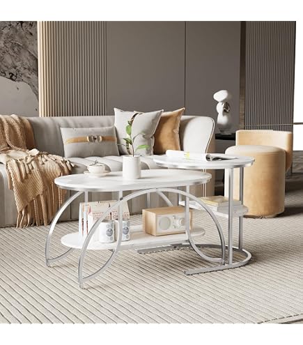 Luminarix Lot De 2 Tables Basses Imbriquées – Rondes Et Ovales Aspect Marbre Blanc Et Or – Rangement Intégré