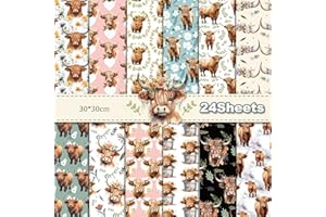 MERWDEEYT Highland Cow Scrapbook Paper Pad, 24 Sheets/12 Designs Double Sided Craft Paper, Watercolor Sunflowers Rustic Cattle Cardstock, Colorful Decorative Journal Scrapbooking Supplies 30x30cm