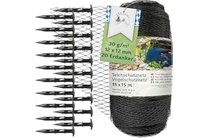 ‎TTL COMMERCE TTL Garden 15x15m Teichnetz Vogelschutznetz schwarz 30g/m² - 12x12mm engmaschig Starkes HDPE Poolnetz Obstbaumnetz Gartennetz, Vogelabwehr Netz, reißfest dehnbar robust mit 20 Bodenanker