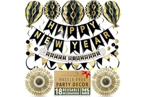 ITSY BITSY PARTY CO Premium Reusable New Years Eve Decorations 2026 - Multi-occasion Happy New Year Banner also spells Happy Birthday, Fast Assembly with Velcro - NYE Party Decorations 2026 - Black and Gold