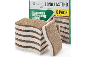 ecoTru 6 Pack Natural Washing Up Sponge, UK Brand Eco Friendly Kitchen Dish Cleaning Sponges, Compostable Cellulose & Coconut Eco Sponges & Scourers, Biodegradable Non Scratch for Heavy Duty Scrubbing