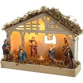 Handmade Nativity Stable From Italy - Moss Roof, 8.5 Inch Christmas Creche For Figurines