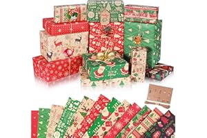 Pecehom 12pcs Christmas Wrapping Paper,Recyclable Kraft Paper 50 * 70CM in Folded Sheets with 12 Unique Xmas Theme Pattern Designs(Bonus 10m Jute String and 10 Gift Tags)