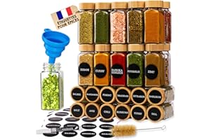 Deco haus® Pot a Epices en Verre avec Étiquettes d'épices Françaises Lot de 24 Bocal avec Couvercle Hermetiques - Boite Rangement Epices Cuisine