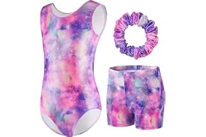 FILOWA Gymnastiktrikåer för flickor 3-delat set långt/ärmlös gymnastiktröjor med shorts och pannband glänsande outfit gradient färg barn 3–14 år gammal