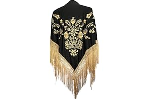 LA SENORITA La Señorita Foulard cintura chale manton de manila Flamenco di danza nero oro frangia oro Large