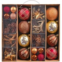 90 Boules De Noël Scintillantes Valery Madelyn - Cuivre, Or, Argent Avec étoiles & Motifs Nature - 3