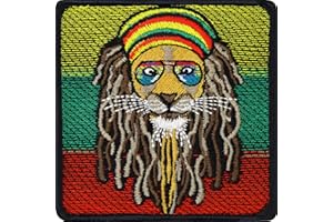 EXPRESS-STICKEREI Écusson Thermocollant Style Reggae Rasta Lion avec Dreadlocks | Appliqué avec broderie | Œuvre d'art brodée de la tête de lion | Patch hippie Rasta avec dreadlocks | 75x75mm