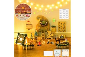 FFZZKJ Wichteltür Set Wichtel Zubehör für Weihnachten 63 Stück, mit Zelt, Wichtel Baustelle, 12 Wichtelbriefe, Wichtel Schablone, Adventskalender, Baguette, Pizza, Orangensaft, mit 2M Lichterkette