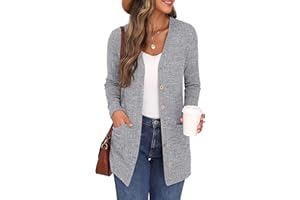 GRECERELLE Damen Leichte Strickjacke Lang mit Taschen und Knöpfen Long Elegant Cardigan V-Ausschnitt Knopfleiste mit Taschen
