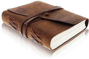 moonster Leather Journal Writing Notebook, Vintage Handmade Bound Notepad for Men & Women - Write in Plain Thick Paper 8x6 Inch Large Blank Pages, Drawing Sketchbook Travel Diary, Unlined Note Book