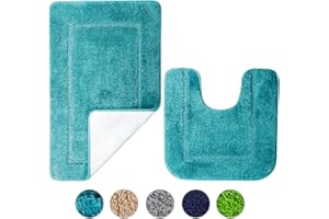 SOANNY Turquoise Bath Mat Set of 2, High Density Soft Microfiber Non Slip Bathroom Mats, 53 X 86 CM Bathtub Rug & 50 X 50 CM Toilet Pedestal Mat, Shower Rugs Machine Washable