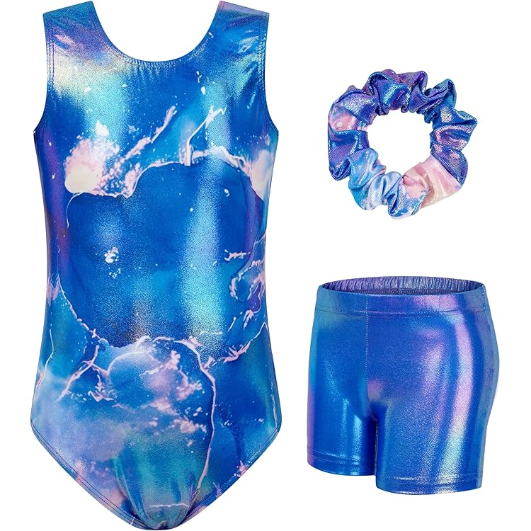 Gogokids Driedelige gymnastiekset voor meisjes, mouwloze hemden met shorts en haarband, glinsterende balletdans-unitards, gymnastiekoutfit met kleurverloopdesign, voor 3-12 jaar, paars, 140(130-140