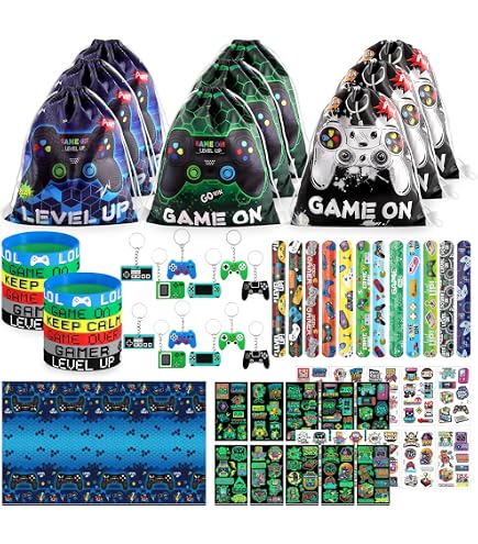 Coffret 56 Pièces Fête Thème Jeu Vidéo - Sacs à Cordon, Bracelets, Porte-clés, Tatouages Lumineux, Nappe - 7