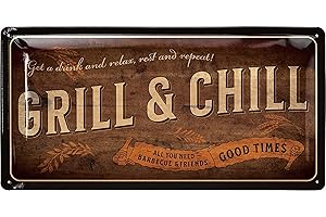 LANOLU Cartel de chapa retro con texto en alemán "Grillen and Chilll Lounge", decoración retro para barbacoas, para el jardín, regalo para papá, parrilla, cartel con refranes y troquelado, en 17 x 34 cm