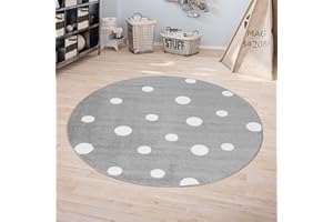 Jimri Kinderteppich DOTS l Pünktchen Gepunktet l Öko-Tex Siegel | Farbe: Beige Blau Rosa | Kinderzimmer/Jugendzimmer (Grau, Ø 150 cm Rund)