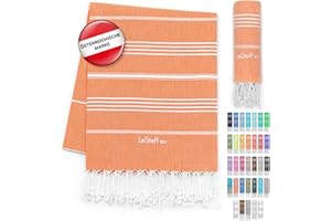 ‎LESTOFF LeStoff Hamamtuch - 100% Bio-Baumwolle, 95 x 180 cm, Vorgewaschen, Saugstark, Schnelltrocknend, Leicht, Kompakt, Sandfrei, Strandtuch, Reisehandtuch, Badetuch, Handtuch groß, Liegetuch (Orange)