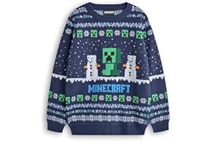 Minecraft Boys Christmas Jumper Style Options Kids Creeper & Snow Characters Knitted Sweater in Blue | Childrens Selburose Pattern Festive Jumper with Snowmen | Mojang Video Game Merchandise Gift