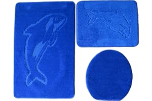 Ilkadim Delphin Badgarnitur 3 TLG. Set 55x85 cm einfarbig, WC Vorleger ohne Ausschnitt für Hänge-WC (royal blau)