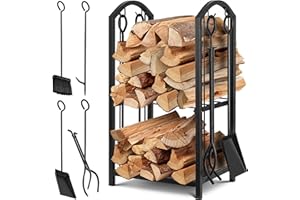 KESSER® Étagère pour bois de cheminée, lot de 5 pièces - 2 étages en métal - Pour l'intérieur et l'extérieur - Avec 4 outils de cheminée - En acier - 40 x 30 x 74,5 cm - Réglable, Noir