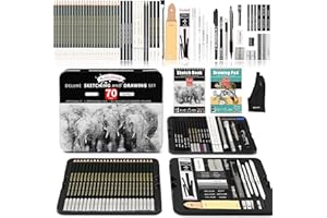 KALOUR Set di 72 Penne Con Album e Carta da Disegno a 3 Colori, Scatola di Latta Include Grafite, Carbone, Guanti e Strumenti per Artista