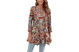 Enmain Damskie tuniki, długie, topy, z dekoltem w serek, z rękawem 3/4, casualowe, jednolity kolor, bluzka, koszula, dla kobiet