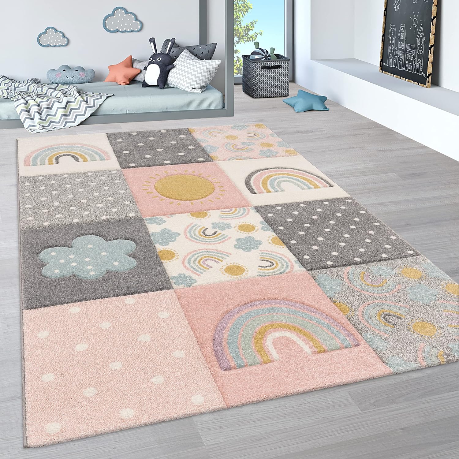 Paco Home Alfombra Infantil, Alfombra Pastel Habitación Infantil con Nubes 3D Y Motivos De Estrellas Arcoíris, tamaño:80x150 cm, Color:Multicolor