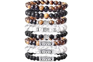 YADOCA 8 Pcs 8MM Beads Bracelet for Men Lava Tiger Eye Stone Buddha Bracelet Gothic Punk Stretch Bracelet Set