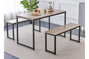 Hallowood Furniture Kempley Dining Table and Bench Set, 120cm Industrial Table in Bench in Black Metal Legs, Space-Saving Dining Room Sets for Modern Home, Apartments or Cafe
