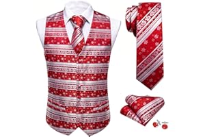 Barry.Wang Mens Christmas Vest Red Green Xmas Tree Elk Snowflake Holiday Funny Suit Waistcoat Tie Set Festival Party