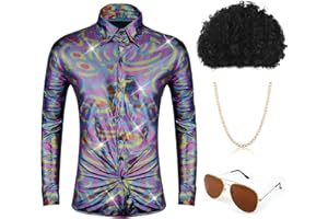 Lvefyti 70er 80er Jahre Kostüm Disco, Disco Kostüm Set, Afro Perücke Sonnenbrille Halskette Herrenhemd kostüm für 70s 80s Cosplay Halloween Kostüm Thema Party