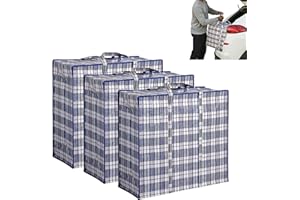 BHB Jumbo Aufbewahrungstasche XXL Kariert mit Reißverschluss – Verstautasche Bigbag PP-Gewebe Faltbar Wasserabweisend Reißfest – Kleidung Bettdecke Kissen Umzug Lager Reise Camping (Blau, 3er Set)