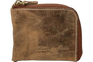 Designer Hudson & James London Real Leather Small Zippered Mens Women Wallet Slim Wallet Credit Carder Holder Purse with Gift Box (Distressed Brown)
