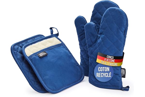 LauterSchutz® Porte-Pots et Gants de Four dans Un Ensemble - en Coton (recyclé) de différentes Couleurs (Bleu)