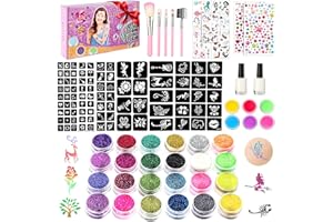 WECUTE Zestaw brokatowych tatuaży, zestaw do makijażu z brokatem, 30 kolorów, 189 szablony, 215 kryształków strasu, tatuaże Skin Friendly Body Flash