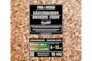 PINI Copeaux de fumage en hêtre et aulne - 15 kg - Mélange de copeaux de fumage - 6-12 mm