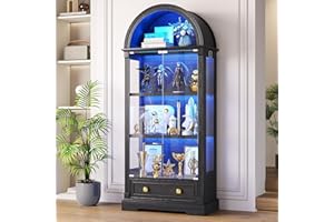 FREDEES Arched Display Cabinets with Glass Doors, 72" Tall Curio Cabinet with Human Sensor LED Lights, 4-Tier Display Case for Collectibles Bookcase Living Room, Black