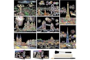 AP ARTSPER Scratch Art for Teens & Adults, Rainbow Engraving Painting Landscape Scratchboard(A4) Crafts Set: 8 Sheets 4 tools - Fireworks, Tower Bridge, Big Ben, Cristo Redentor, Ferris Wheel(Landmark Building)