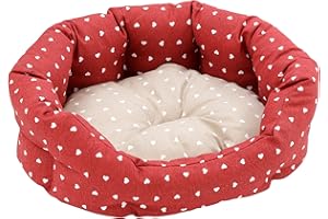 Baroni Home Hundebett aus Stoff, Größe L, weiches rundes Hundematte für Hunde und Katzen, bequem, für Schlafzimmer Wohnzimmer Flur, waschbar (50x65 cm, Beige, Rot mit Herzen)