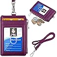 Badge Holder with Zipper, ELV PU Leather ID Badge Card Holder Wallet with 5 Card Slots, 1 Side RFID Blocking Pocket and 20" Neck Lanyard / Strap for Offices ID, School ID, Driver Licence (PURPLE)