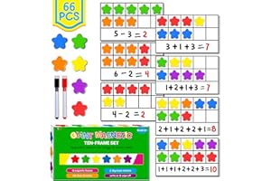 SPRITEGRU Magnetisches Zehnerrahmen-Set, 6 Rahmen & 66 Bunte sternförmige Zähler Zehn-Rahmen-Mathe-Spiele Manipulatives Zählspielzeug für Kindergarten Vorschule, 6 Farben & 2 Marker (Kühlschrank & Handheld)