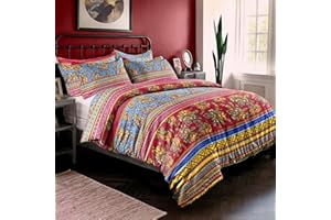 Dreamzie Copripiumino Matrimoniale 200x200 cm con 2 Federe 80x80 cm - In Microfibra - Motivo Boho Mandala Indiano Rosse & Blu - Set Copripiumino Matrimoniale 200x200