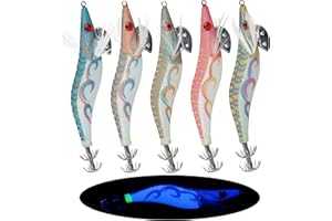 OROOTL Saltwater Fishing Lures, 5pcs/10pcs Glow Squid Jig Hooks Hard Bait Luminous UV Shrimp Prawn Lures Fluorescent Cuttlefish Sleeve Squid Jigs Kit for Cuttlefish Octopus Fishing