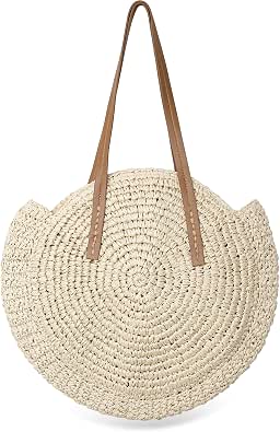 Borsa Tonda In Paglia Intrecciata A Mano - Tracolla In Pelle, Bohémien, Per Spiaggia, Viaggi, Estate
