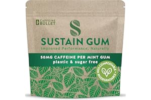 CAFFEINE BULLET Sustain Caffeine Gum - Natural Mint Energy. 12 Pieces, 50 mg each - Biodegradable, Sugar-Free, Contains Xylitol, Plant-Based & Plastic Free with No Aspartame - 1 Packets